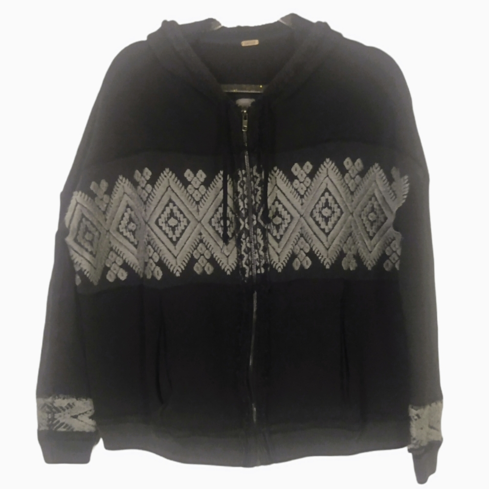 Free People zip up Hoodie Sweater Grey Aztec ikat embroidery detail grey size M